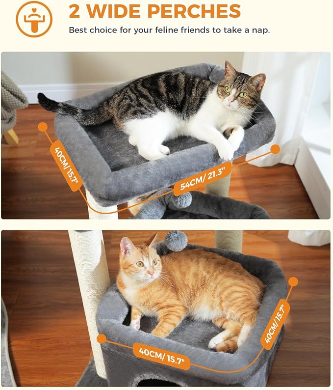 PEQULTI Cat Tree Tower for Large Indoor Cats, Extra Large Perch, Grey | Sisal wrapped scratch posts, oversized resting perch, sturdy cat tower furniture for indoor large cats