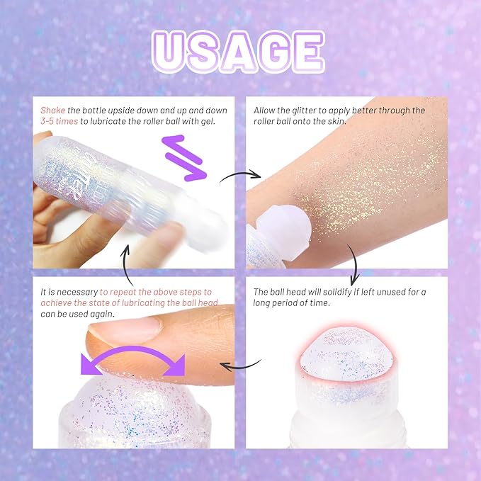 DAGEDA 2Colors Roll-on Body Glitter Gel for Body, Hair, Face, Holographic Glitter Makeup for Rave Accessories, Body Shimmer Hair Glitter Gel for Halloween Makeup(Sparkling Pink+Pink)