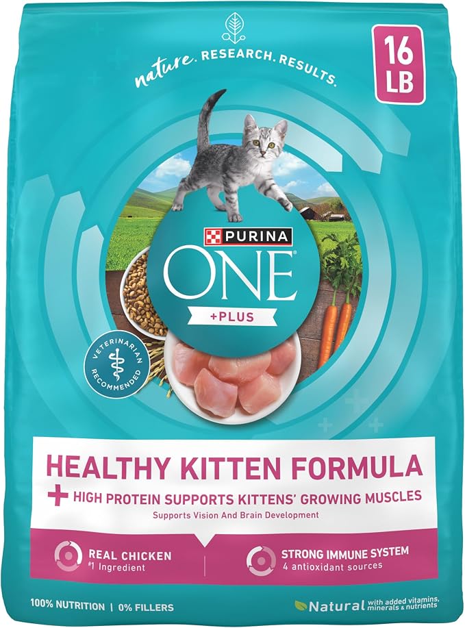 Purina ONE High Protein Natural Kitten Dry Cat Food, 16 lb Bag | Made with real chicken and L-carnitine to help burn fat, antioxidants for immune support and calcium for strong teeth