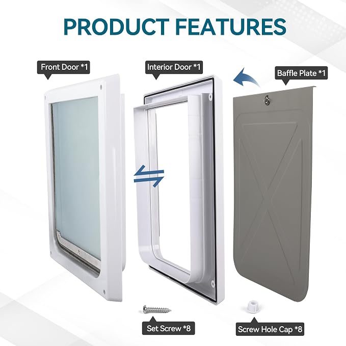 PAWISE 2 Way Dog Door, Lockable Doggy Door with Safe Metal Panel & Flexible Transparent Flap, Weatherproof & Easy Install Pet Door for Dogs and Cats, Quiet Design Dog Flap (9.8"x11.4")