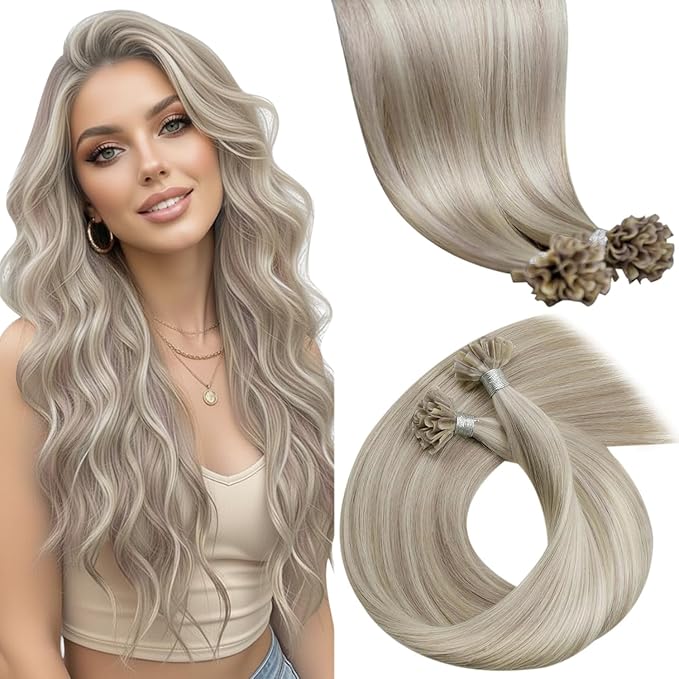 LaaVoo K Tip Hair Extensions Real Human Hair Blonde Utip Hair Extensions Ash Blonde Mixed With Bleach Blonde Ktip Human Hair Extensions 100g/100s 18 Inch