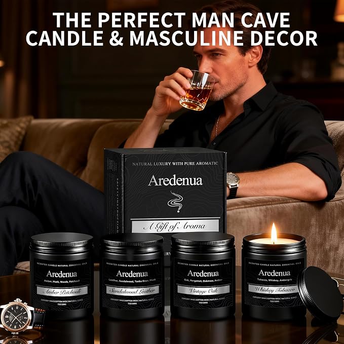 Mens Candle Set – Manly Candles for Men, 4 Pack Soy Candles for Home Scented, Masculine Candle Gift Set - Includes Sandalwood Leather, Whiskey Tobacco, Amber Patchouli & Vintage Oak
