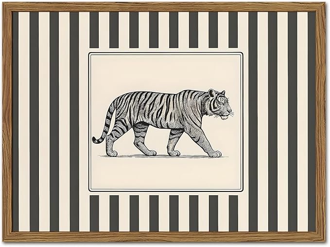 Vintage Tiger Wall Art Wildlife Wall Decor Pictures Black and White Stripe Jungle Animal Poster Canvas Painting Print for Bedroom Living Room Bathroom 12x16 inch Wood Framed