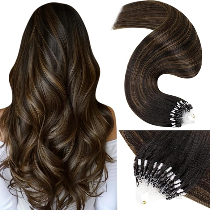 LaaVoo Microlink Hair Extensions Human Hair Darkest Brown Mix Light Brown Balayage Ombre Micro Hair Extensions Human Hair Brown 50g 50s 24 in