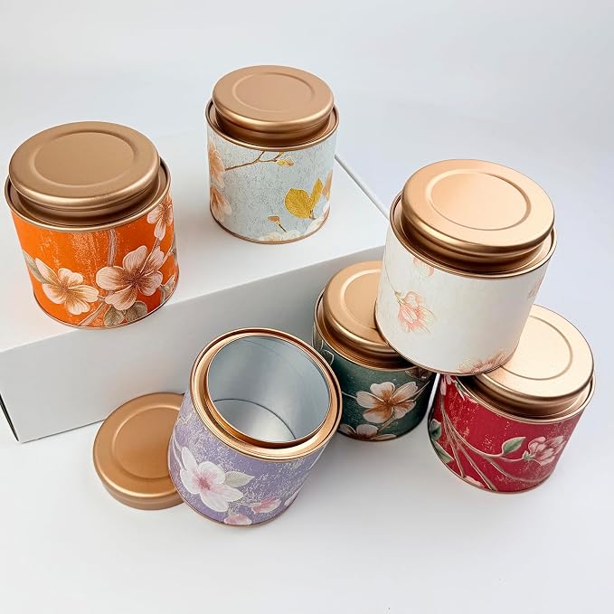 TooGet Tea Tin Canisters 6Pcs - Loose Leaf Tea Storage Small Empty Tins Vintage Round Airtight Storage Tin Containers with Lids, Tinplate for Teas, Coffee, Herbal, Spices & Dry Food (3.93 x 4.13 in)