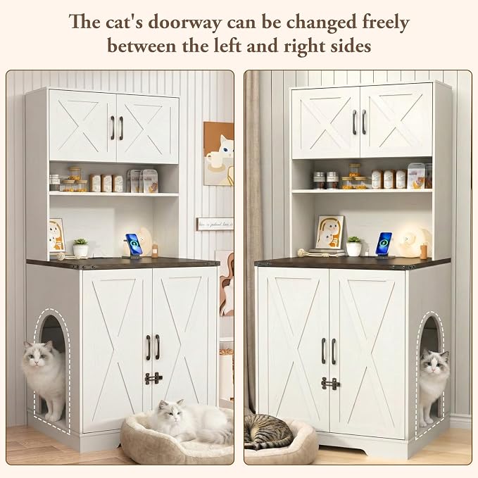 71Inches Tall Cat Litter Box Enclosure for Cats W/Power Outlets,Open Shelves.Wooden Pet Washroom Furniture W/Locks,Cabinet.Indoor Cats House,Hidden Cat Litter Box for Living Room,Bedroom(White-2)
