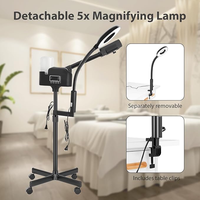 Professional Facial Steamer 2 in1 Steamer for Face 5X LED Magnifying Lamp Hot Ozone Facial Steamer for Esthetician Beauty Face Equipment Use at Home or Salon（Black）