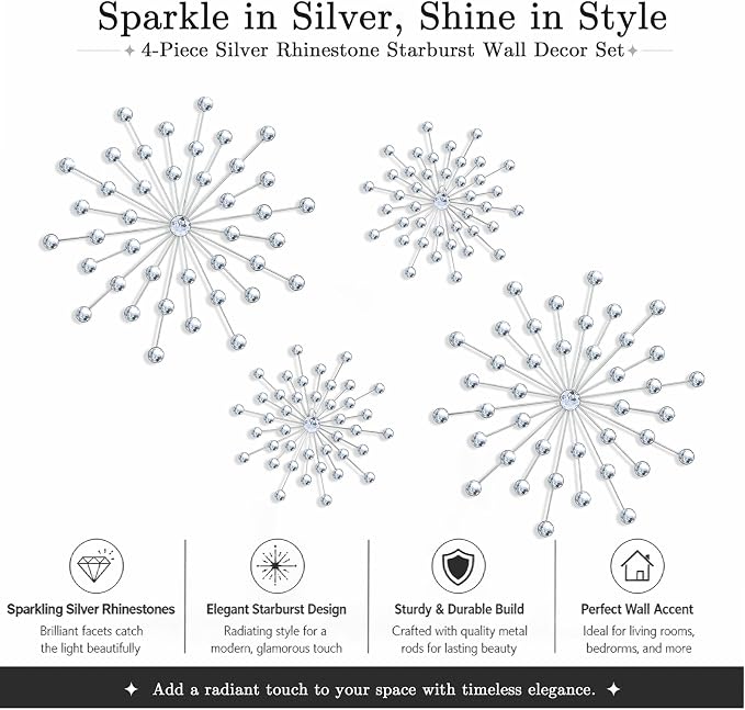 ZEXUIRU 4 Set Silver Starburst Wall Art for Home Decor Metal Bling Crystal Rhinestones Sunburst Wall Decor Sparkling Rhinestone Art Accent Silver - 13 in