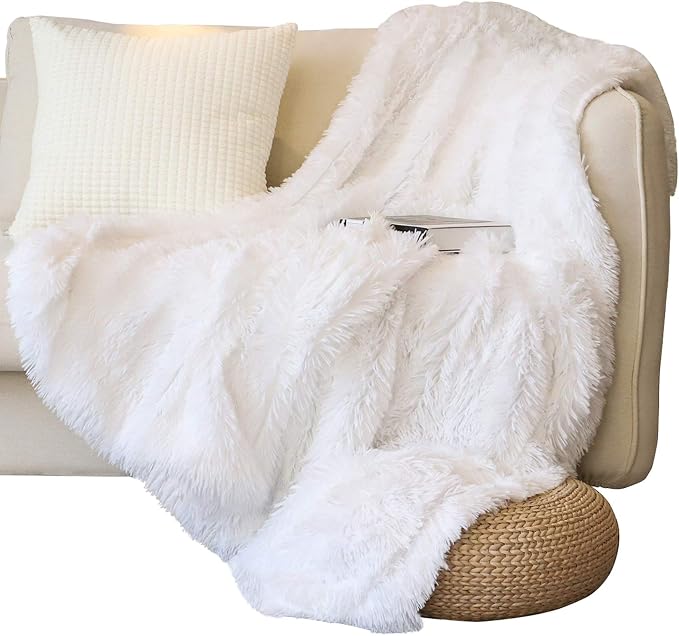 Decorative Extra Soft Faux Fur Throw Blanket 50" x 60",Solid Reversible Fuzzy Long Hair Shaggy Blanket,Fluffy Cozy Plush Fleece Comfy Microfiber Fur Blanket for Couch Sofa Bed,Pure White
