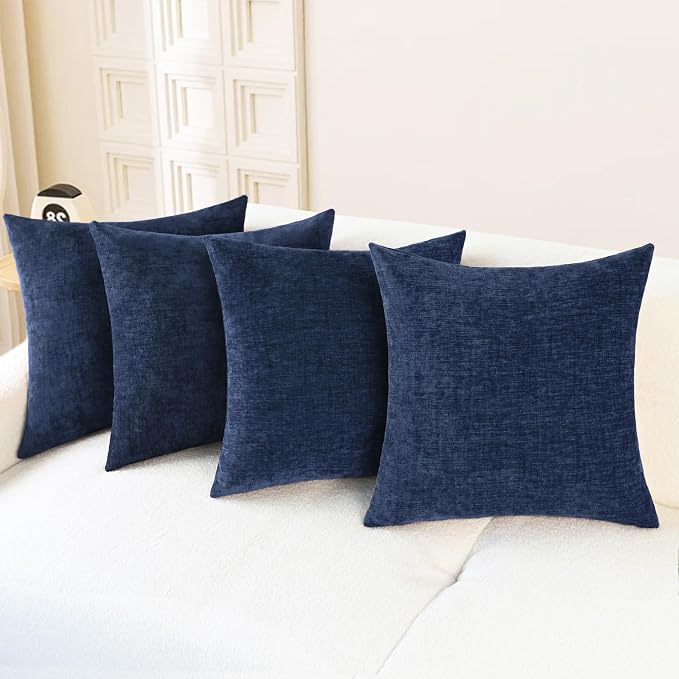 CaliTime Decorative Couch Throw Pillow Covers 18 X 18 Inches Navy Blue | Pack of 4, Cozy Chenille Cushion Cases for Sofa Bed Living Room Farmhouse Home
