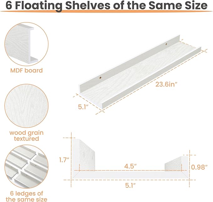 upsimples Floating Shelves for Wall Decor and Storage, White, 6Pcs 23.6'' | Wall Mounted Wood Shelves for Living Room, Bedroom, Bathroom, Kitchen, Office, Nursery Room, Coffee Bar Display and Organize