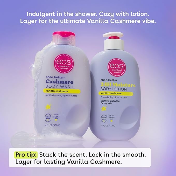 eos Shea Better Cashmere Body Wash, Vanilla Cashmere, Moisturizing, pH Balanced Body Wash, Creamy Gel Formula, Paraben & Phthalate Free, Sensitive Skin, 16 fl oz