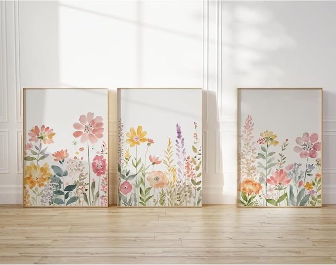 Watercolor Wildflower Wall Art Decor Colorful Flower Pictures Canvas Floral Botanical Wall Art Vintage Prints Poster Floral Painting Artwork for Living Room Bedroom 16x24 Inch Unframed Set of 3