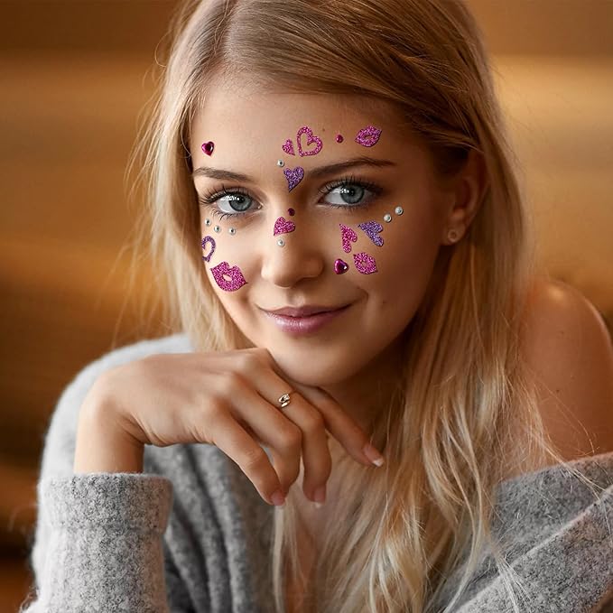 Heart Face Tattoos Stickers Glitter Face Gems Valentine's Day Temporary Tattoo Lip Kiss Face Stickers for Women 4Pcs
