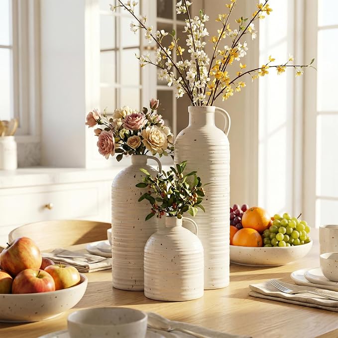 Firehold Ceramic Vase Set of 3 w/Handles, Rustic Farmhouse White Decor Vase | Textured Country Home Decor Vases for Shelf, Mantel, Table Centerpiece, Perfect for Pampas Grass & Dried Flowers