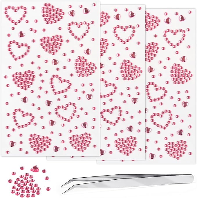 3 Sheers Pink Heart Rhinestone Sticker Acrylic Heart Gems Stickers Self Adhesive Face Jewels Stick On Face Eye Nail Body Crystal Pearls Jewels Face Sticker Decorative Stickers for Valentine's Day