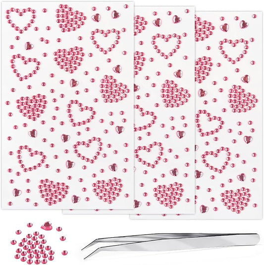 3Sheets Heart Gem Stickers Jewels for Crafts, Face Makeup - Self Adhesive Rhinestone Jewel Stickers, Stick on Gems Rhinestones for Crafts, Craft Supplies for Kids (06.Light Pink Heart)