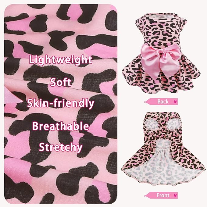 PUPTECK Fashionable Dog Dress with Bow Puppy Clothes, Pink Leopard Print S | Breathable Puppy Doggie Pet Clothes Outfits Apparel Costume for Party Holiday Photoshoot for Small Medium Large Dogs Girl