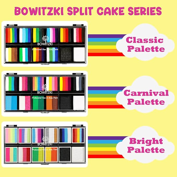Bowitzki Face Paint 12x10 gm Professional Body Painting Kit For Kids Adults Stencil One Stroke Split Cake Non Toxic Rainbow Flora Dolphin Unicorn Flame Makeup Halloween Christmas Easter - Bright Set