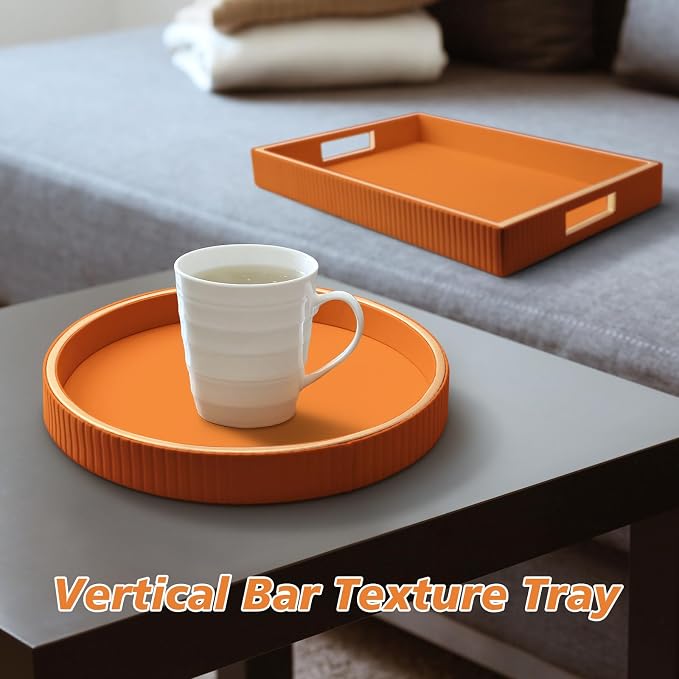 Leather Tray Desktop Storage Organizer, Decorative Tray Set, Orange | Premium Serving Trays Valet Tray for Sundries Cosmetics Phone Wallet Cutlery, Set of 2, Orange Holder with Disc