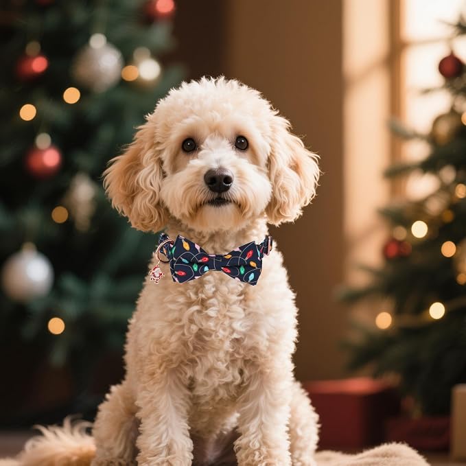 ADOGGYGO Christmas Dog Collars with Bow, Detachable Xmas Light Print Bowtie, Metal Buckle, Adjustable Christmas Collars for Small Dogs Boy Girl (Small)