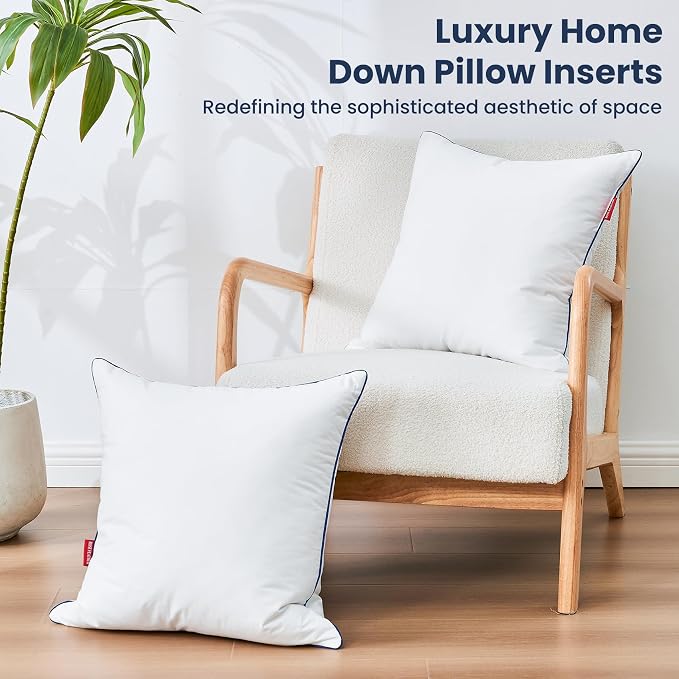 Down Pillow Inserts 20x20, 100% Goose Down Feather Throw Pillows Inserts - Ultra Plush, Decorative Pillow Insert with Soft Cotton Cover for Couch Sofa Bed Living Room White (Pack of 1)