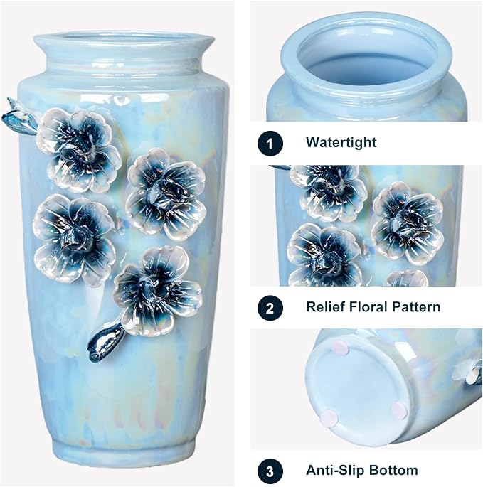 Blue Ceramic Vase 9 Inch - Modern Decorative Flower Vase for Centerpiece, Kitchen Table Living Room Home Decor
