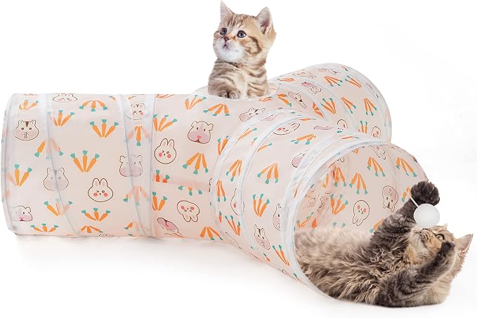 Tempcore Cat Tunnel, 3-Way Collapsible Toy for Indoor Cats, Pink Rabbit