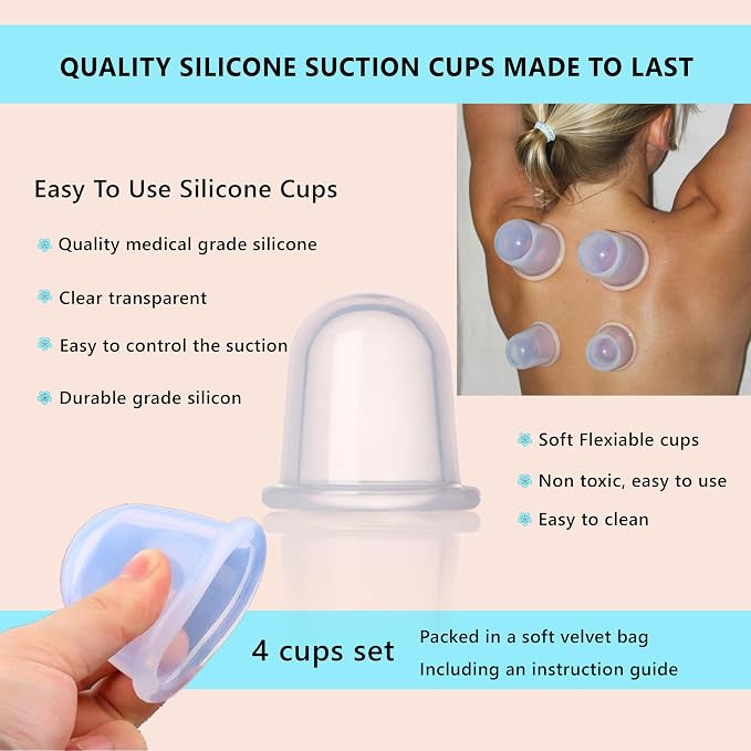 Silicone Cupping Therapy Set 4 Massage Cups (2 XL, 2 L) Pain Relief, Muscle Recovery & Cellulite Reduction Professional Cupping Kit for Home, Gym & Athletes