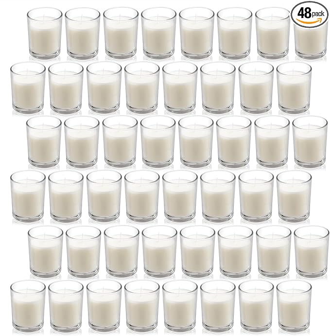 Housecret 48 Pack Warm White Unscented Clear Glass Filled Votive Candles. Hand Poured Wax Candle Ideal Gifts for Aromatherapy Spa Weddings Birthdays Holidays Party