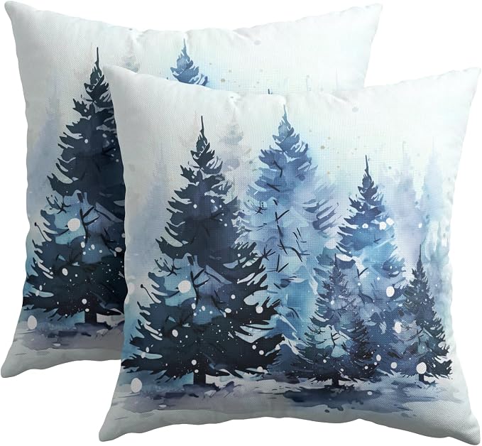 Kawani Winter Blue Forest Pillow Covers 16x16 Inches, Set of 2 Snowflakes Pine Trees Xmas Decorative Cotton Linen Cushion Case Pillowcase for Couch Sofa Bed Living Room Home Decor