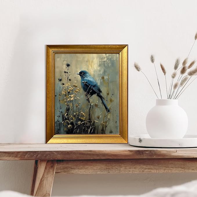 Vintage Blue Bird Painting Gold Framed Wall Art Dark Cottage Core Farmhouse Canvas Print Academia Gothic Aesthetic Moody Botanical Woodland Artworks for Bedroom Living Room Decor