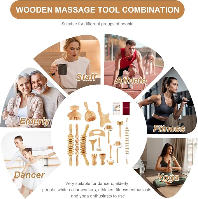 16Pcs Wood Therapy Massage Tools Set, Maderoterapia Massage Kit with Wooden Gua Sha Tools, Body Sculpting & Lymphatic Drainage Massager, Muscle Relaxation Roller for Face, Back, Legs & Full Body