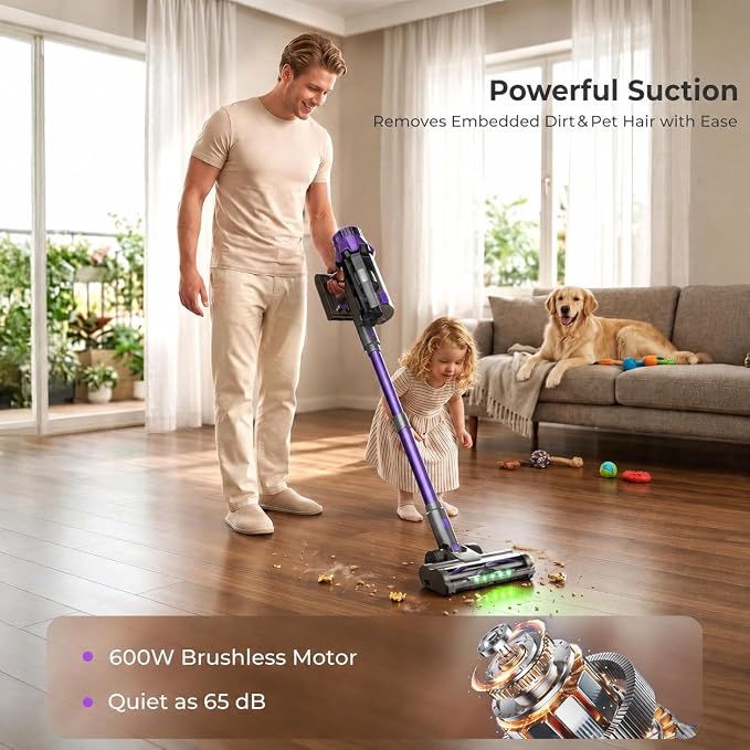 Cordless Vacuum Cleaner for Pet Hair, Powerful Suction, Up to 70Min Runtime | 600W Bushless Motor, Self-Standing, LED Smart Display, Anti-tangle Stick Vacuum Cleaner for Pet Hair, Carpet, Hard Floors