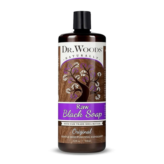 Dr. Woods Raw Liquid Black Soap -Made with Organic Shea Butter, Body Wash for Men and Women, Gentle Exfoliant, Natural Cleanser for Face, Hands, and Body - 32 Fl Oz