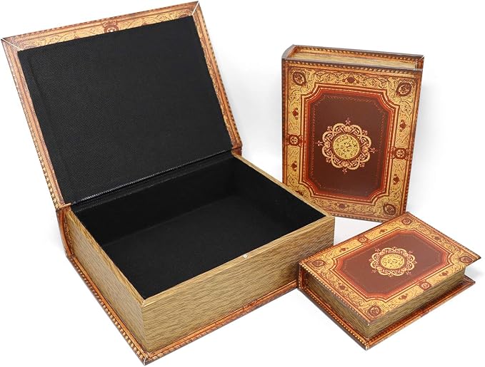 Jolitac Decorative Book Boxes World Map Pattern Antique Book Invisible box with Magnetic cover, Faux Wood Set of 3 Storage Set (Classic)