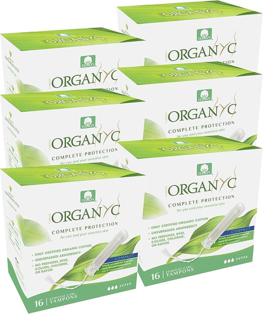 Organyc - 100% Certified Organic Cotton Tampons - Plant-Based Eco-Applicator (Super Flow, 96 Count (Pack of 6))