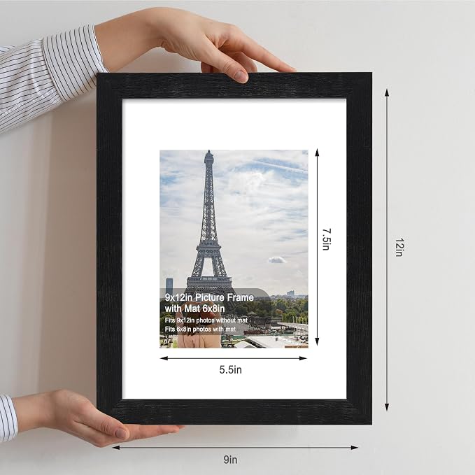 Hongkee 9x12 Picture Frame Set of 4, Made of Glass and Rustic Black Wooden Frame - Display Picture 6x8 with Mat or 9 x 12 Without Mat, 9 by 12 Photo for Wall or Tabletop