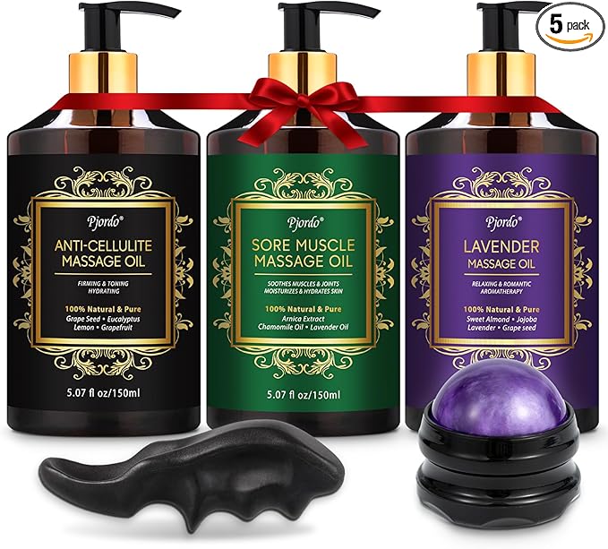 Pjordo 3 Pack Massage Oil for Massage Therapy, Lavender Oil for Relaxation, Sore Muscle Arnica Oil & Cellulite Massage Oil, with Massage Roller Ball & Thumb Saver Tool, Massage Kit for Him Her