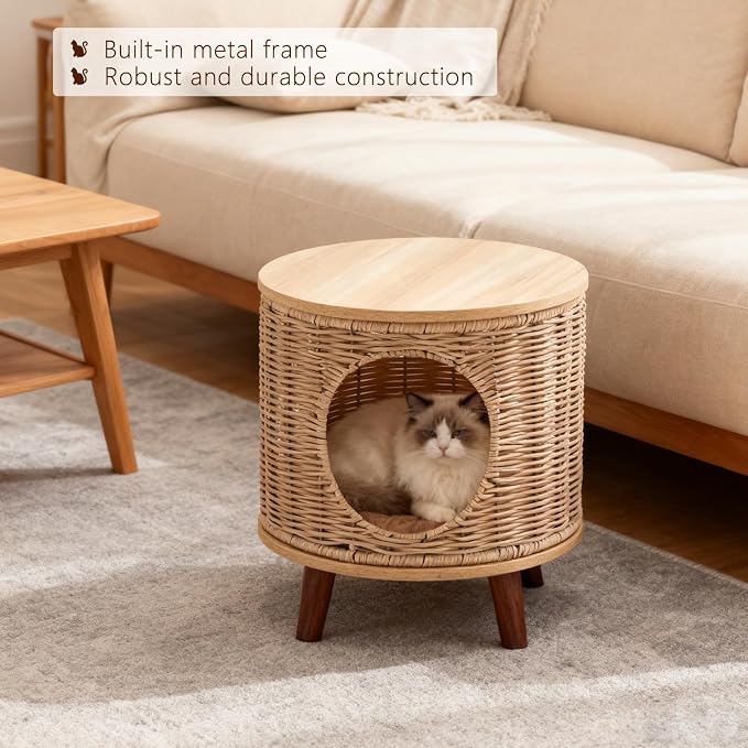 Rattan Cat House End Table, 2-in-1 Cat Bed Side Table, Stylish Pet Furniture for Indoor Cats in Living Room and Bedroom Natural