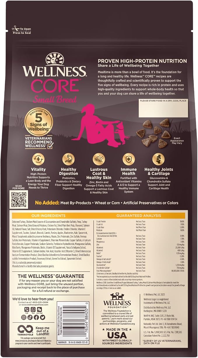 Wellness CORE Small Breed Puppy Dry Dog Food, Grain Free Kibble, Natural, High Protein, Turkey and Salmon Recipe, 4 lb Bag