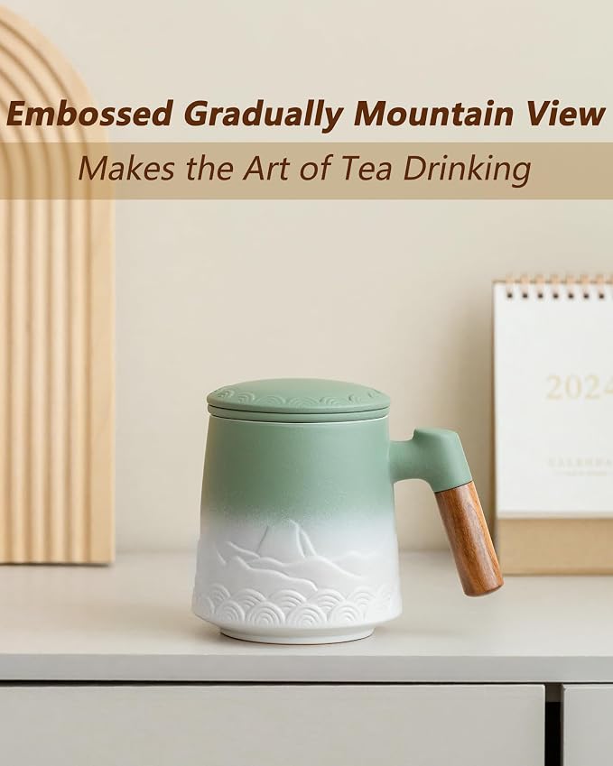 ZENS 16.9 oz Embossed Ceramic Tea Mug with Infuser and Lid, Loose Leaf Steeper, Wood Handle, Matte Glazed, Gift for Tea Lovers
