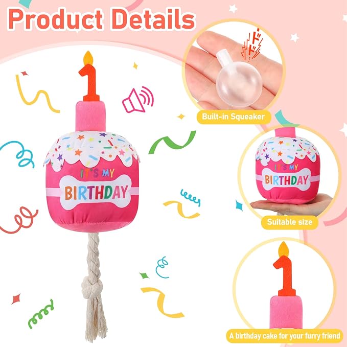 Dansydaisy Dog Birthday Cake Toy Squeaky Plush Gift,1st,Rose Pink
