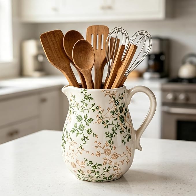 Ceramic Green and White Floral Vase with Handle, Rustic Farmhouse Pitcher Flower Vase, Chinoiserie Floral Vase for Home Decor, Living Room, Shelf, Office, Rustic Table Centerpiece 8 Inch