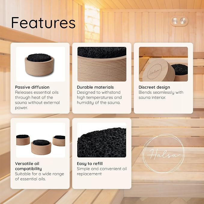 Halsa Lava Stone Diffuser for Sauna, Office, Bedroom, Bathroom - Natural Beechwood Base, Passive Diffusion, Lava Rock Absorbs Essential Oils - Natural Aromatherapy