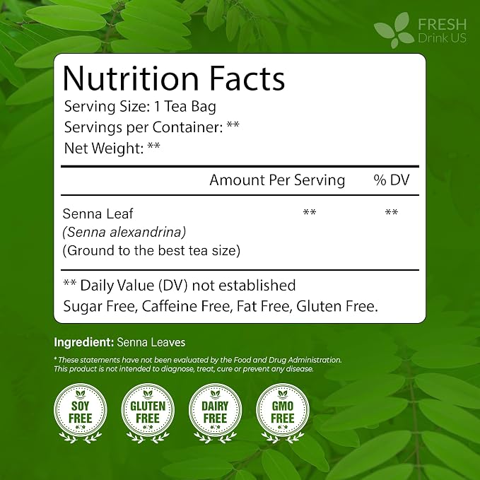 FreshDrinkUS, Premium 75 Senna Leaf Tea Bags, 100% Natural & Pure from Senna Leaves. Loose Leaf Senna Herbal Tea, Made with Natural Material Tea Bags. No Sugar, No Caffeine, No Gluten, Vegan.