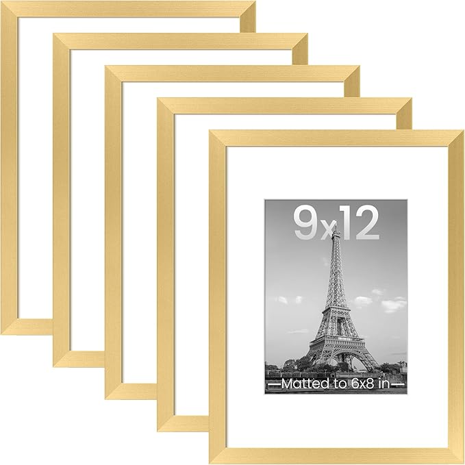 upsimples 9x12 Picture Frame, Gallery Wall Frames Set of 5, Gold | Photo Frame Collage Wall Decor, 6x8 Picture Frame with Mat for Family, Baby, Wedding, Hallway, Christmas
