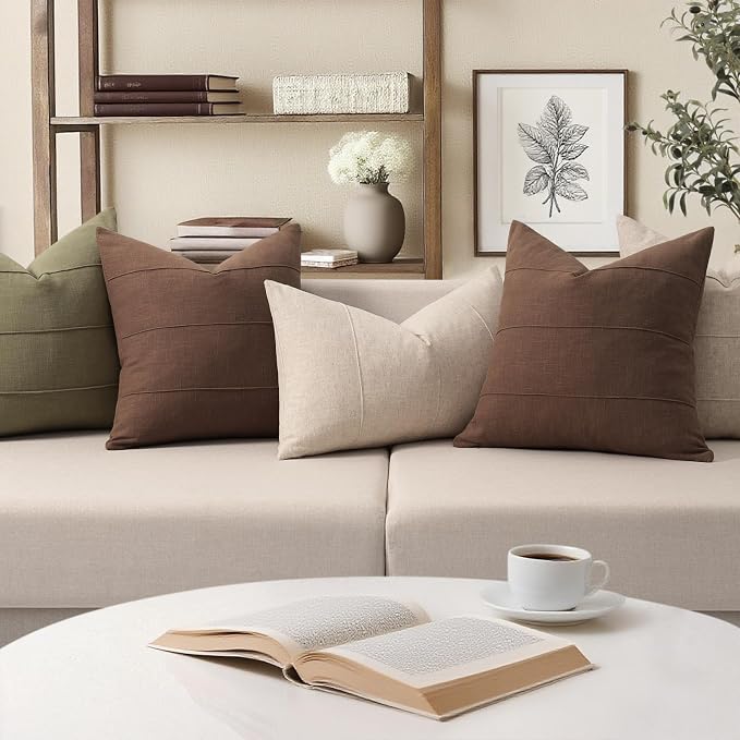 Decorative Linen Throw Pillow Covers 20x20 Set of 2 Solid Handcrafted Striped Cushion Covers for Bed Soft Modern Farmhouse Neutral Pillowcase for Couch Bedroom Living Room Home Decor(Brown)