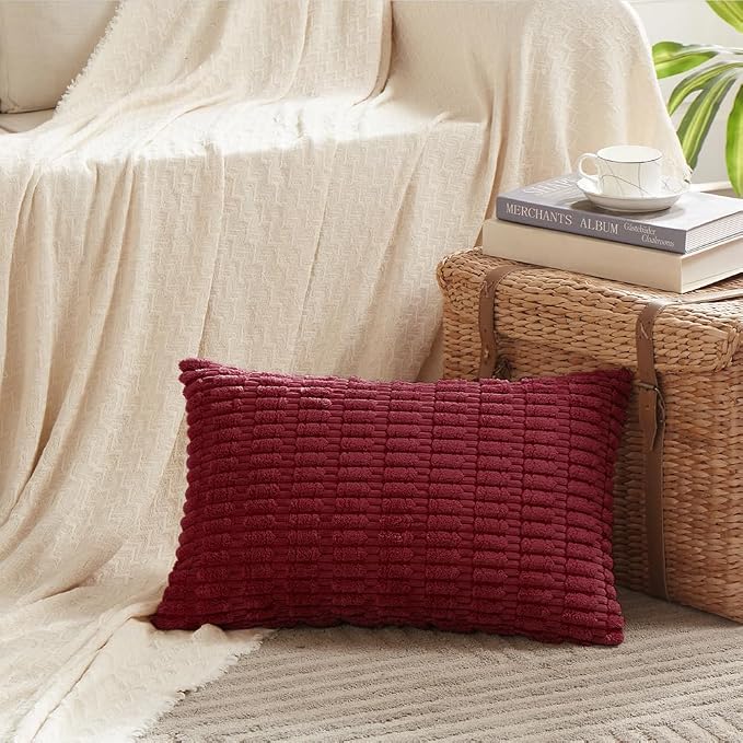 Fancy Homi Decorative Throw Pillow Covers for Bed Couch Bedroom Bench, Soft Corduroy Solid Pillow Case, Rustic Farmhouse Boho Room Decor,24" x 12" (Pack of 1),Burgundy