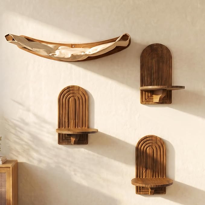 Rustic Cat Wall Shelves, Farmhouse Style Wooden Cat Furniture with Hammock, Space-Saving Cat Climbing System & Floating Perch for Indoor Cats